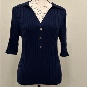 WHBM Navy Ribbed V-Neck lightweight Sweater